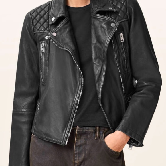 All Saints Cargo Distressed Leather Biker Jacket - Picture 4 of 5